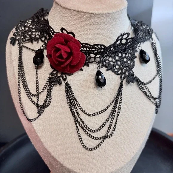 Black Lace Choker Necklace with Red Rose | Gothic Chain | Dark Romance Victorian - Picture 2 of 7